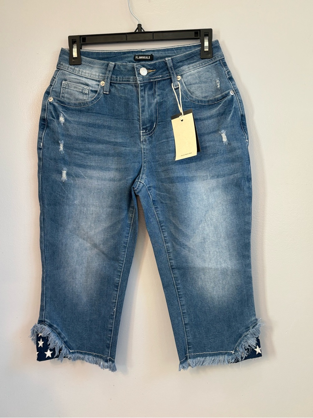 Flamingals Stripe & Star Embroidery Raw Hem Capri Jeans Sz S. NWT